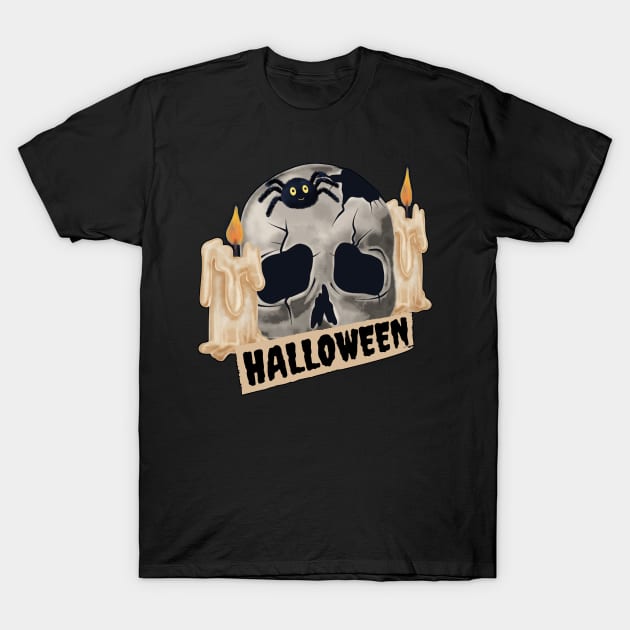 broken skull with candles and spider for Halloween T-Shirt by JENNEFTRUST